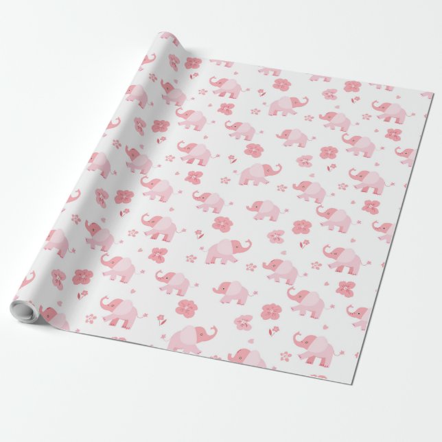 Papier Cadeau Eléphants rose clair et fleurs roses enveloppes ca (Déroulé)