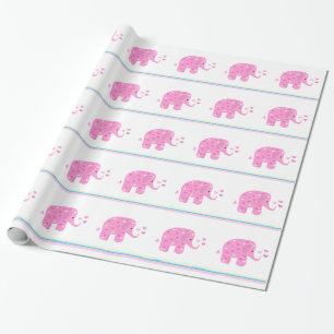 Papier Cadeau Éléphants roses avec des cœurs et des rayures