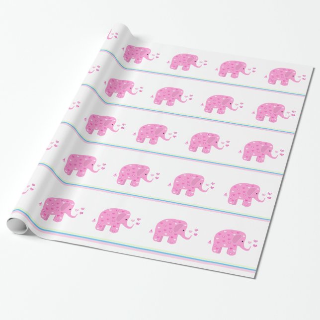 Papier Cadeau Éléphants roses avec des cœurs et des rayures (Déroulé)