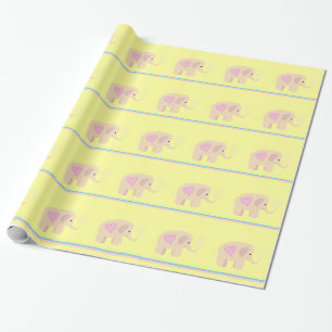 Papier Cadeau Éléphants roses avec des cœurs et des rayures