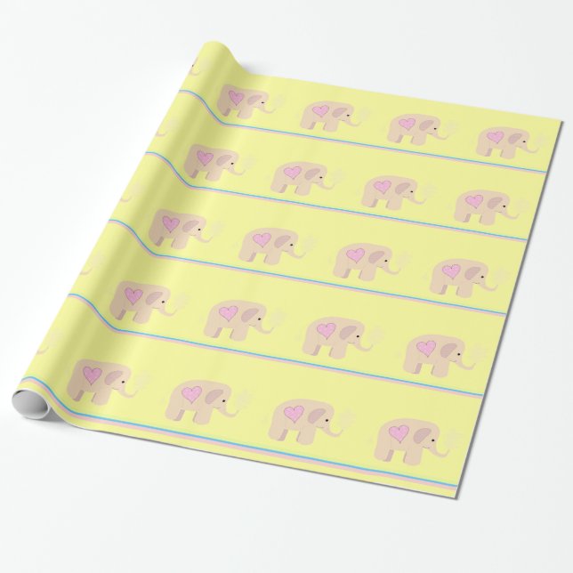 Papier Cadeau Éléphants roses avec des cœurs et des rayures (Déroulé)
