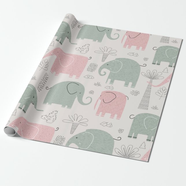 Papier Cadeau Eléphants verts roses Enfants modernes (Déroulé)