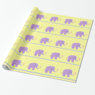 Papier Cadeau Éléphants violets avec des cœurs et des rayures