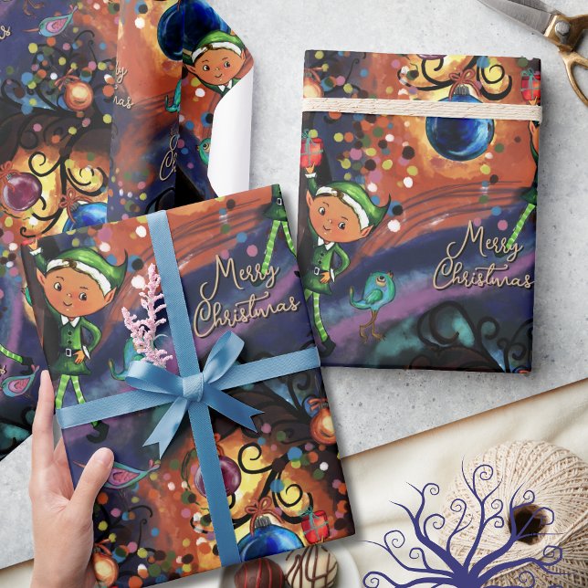 Papier Cadeau Elf Magique & Oiseau Noël Fantaisiste (Magical Elf & Bird Whimsical Christmas Wrapping Paper)