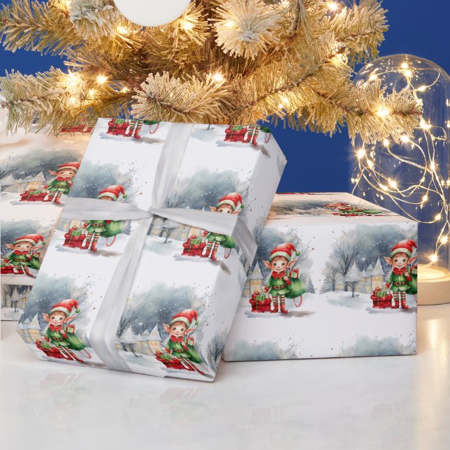 Papier Cadeau elfe de Noël avec un sac de cadeaux (Vacances)