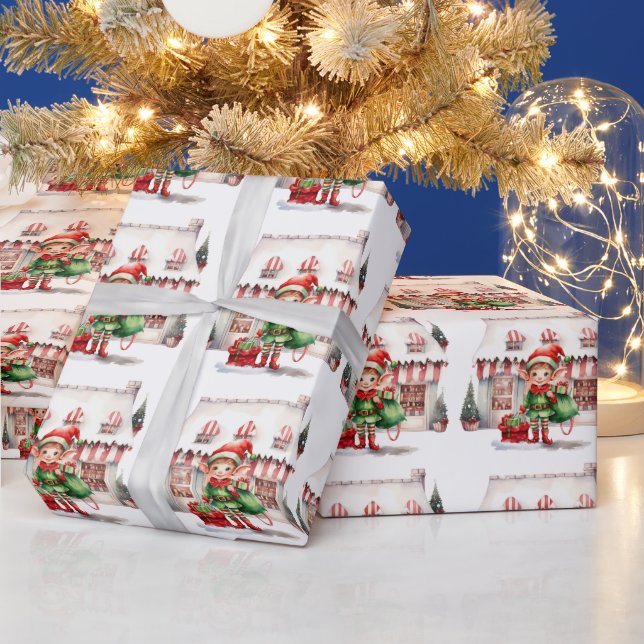 Papier Cadeau elfe de Noël avec un sac de cadeaux (Vacances)