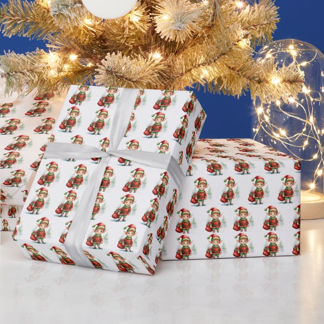 Papier Cadeau elfe de Noël avec un sac de cadeaux (Vacances)