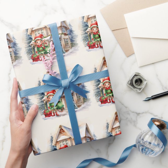 Papier Cadeau elfe de Noël avec un sac de cadeaux (Cadeaux)