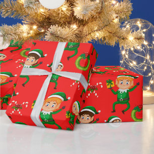 Papier Cadeau Elfe de Noël coloré et rouge de bonbon de Noël