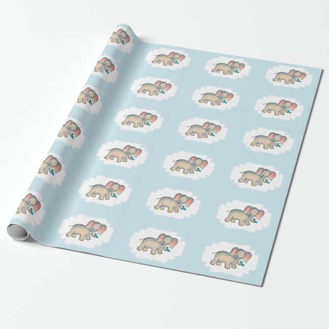 Papier Cadeau Ellie Elephant et Bluebird sur Blue (Déroulé)