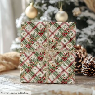 Papier Cadeau Emballage aux baies de houx à l'aquarelle rouge et