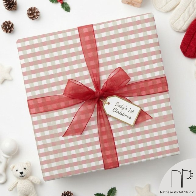 Papier Cadeau Emballage bébé Noël Gingham (This Gingham Christmas Baby Wrap features hand-drawn gingham art ideal for baby showers and holidays)