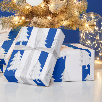 Papier Cadeau Emballage d'arbre de Noël blanc à rayures bleues e