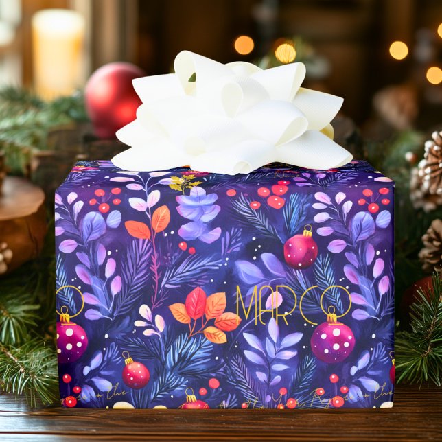Papier Cadeau Emballage de Noël botanique pourpre personnalisé (Créateur téléchargé)