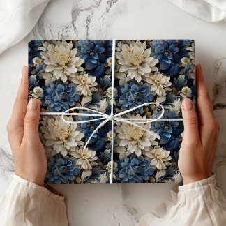 Papier Cadeau Emballage Luxueux Bleu Blanc Ivoire Floral Élégant