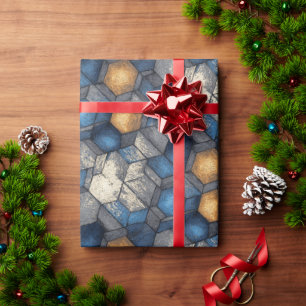 Papier Cadeau Emballage urbain bleu et or à motif hexagonal