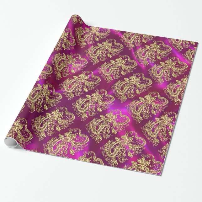 Papier Cadeau Embossé Dragon Or Magenta Satin Impression (Déroulé)