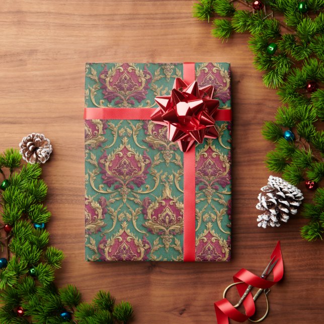 Papier Cadeau Emerald Burgundy Baroque Damask (Cadeau de vacances)