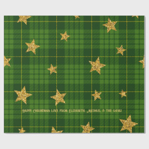 Papier Cadeau Emerald Glow Tartan Étoile Dorée Noël Personnalisé