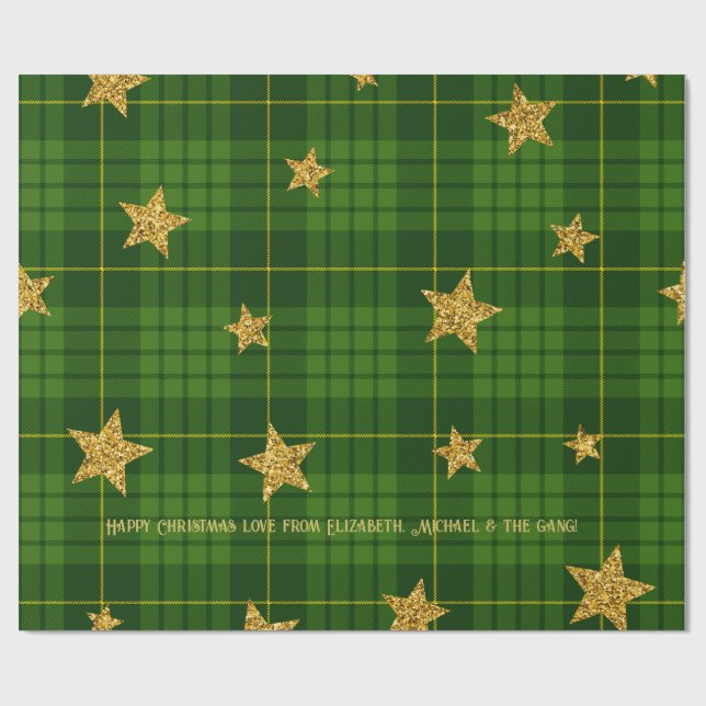 Papier Cadeau Emerald Glow Tartan Gold Star Noël personnalisé (Plat)