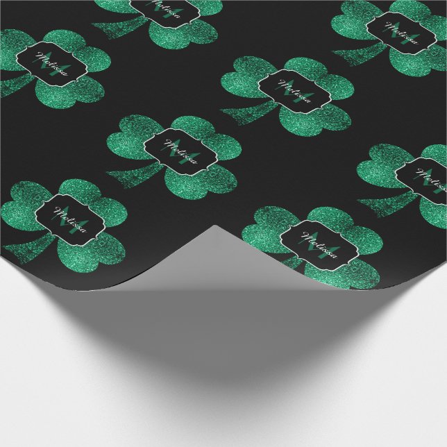Papier Cadeau Emerald Green Sparkle Shamrock noir Monogramme (Coin)
