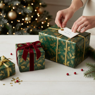 Papier Cadeau Émeraude et Or Opulence Royale de Noël