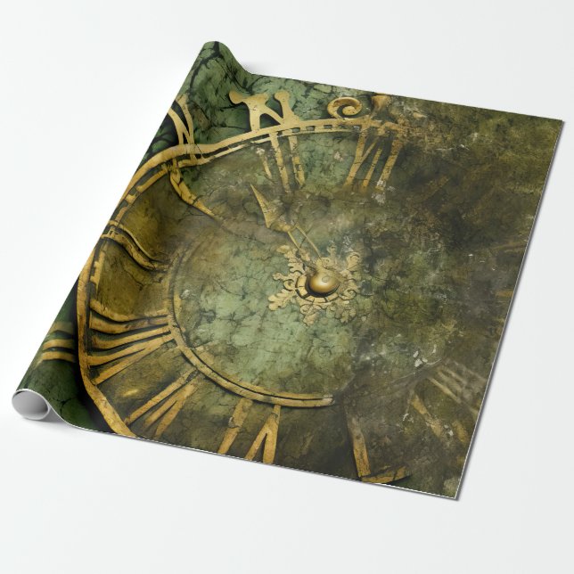 Papier Cadeau Émeraude Green Rustic Steampunk Horloge (12) (Déroulé)