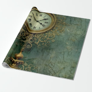 Papier Cadeau Émeraude Green Rustic Steampunk Horloge (2)