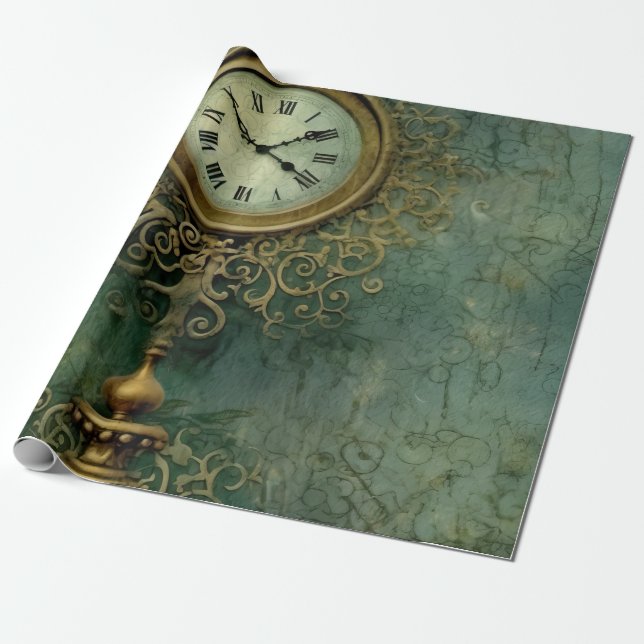 Papier Cadeau Émeraude Green Rustic Steampunk Horloge (2) (Déroulé)