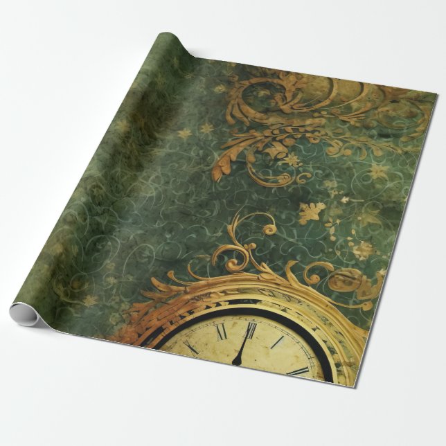 Papier Cadeau Émeraude Green Rustic Steampunk Horloge (6) (Déroulé)