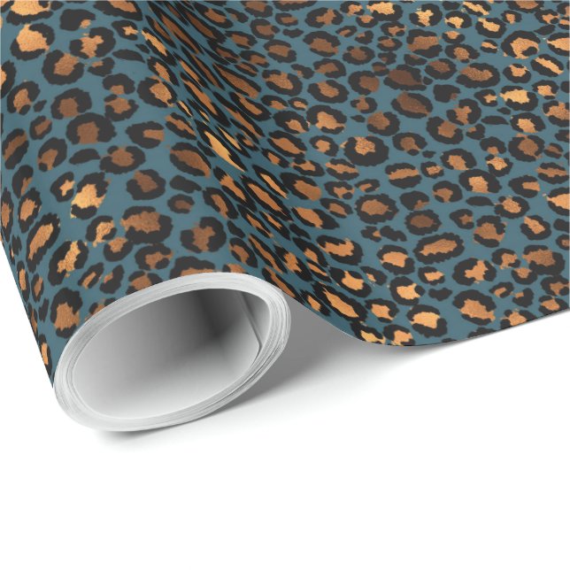 Papier Cadeau Empreinte de léopard de bronze bleu (Coin rond)