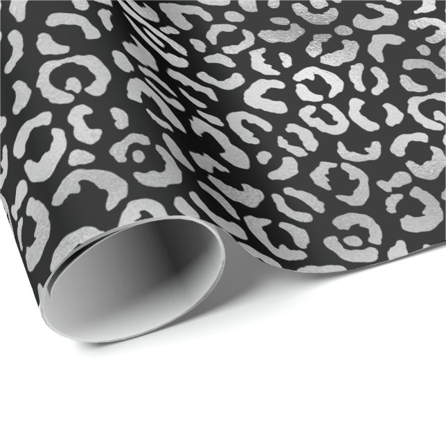 Papier Cadeau Empreinte de léopard noir glam argent (Coin rond)