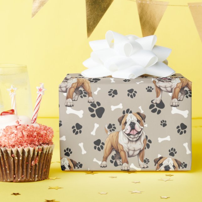 Papier Cadeau Empreinte de patte Bulldog et Motif d'os (Fête d'anniversaire)