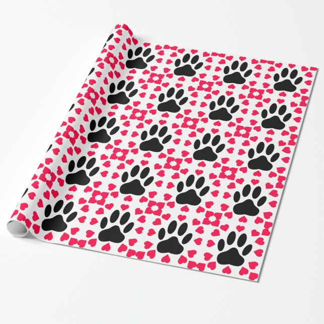 Papier Cadeau Empreinte de patte Chien Noir Avec Formes Cardiaqu (Déroulé)