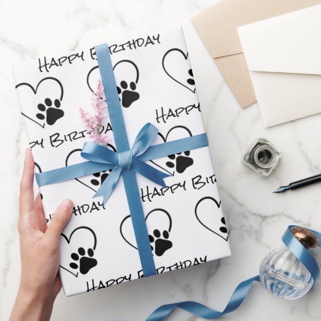 Papier Cadeau Empreinte de patte d'anniversaire avec coeur (Cadeaux)