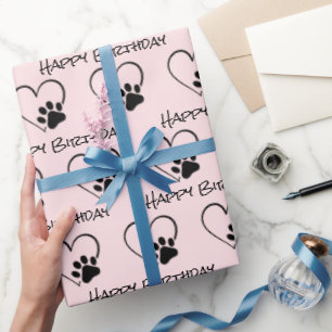 Papier Cadeau Empreinte de patte d'anniversaire avec coeur sur r