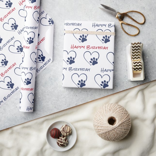 Papier Cadeau Empreinte de patte d'anniversaire avec coeurs  (Artisanat)
