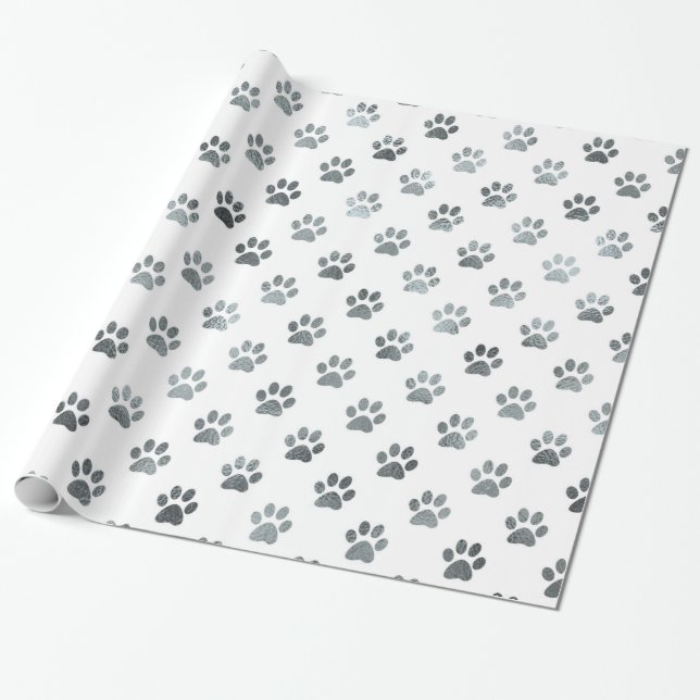 Papier Cadeau Empreinte de patte de chien Argent Gris Blanc Méta (Déroulé)