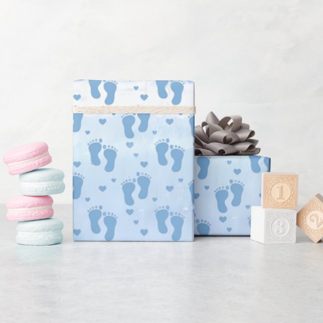 Papier Cadeau Empreintes de bébé et cœurs sur fond aquarelle (Baby Shower)