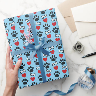 Papier Cadeau Empreintes de patte de chien Cœurs rouges et os Am