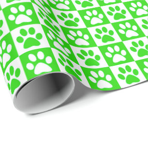 Papier Cadeau Empreintes de patte de chien vert et blanc