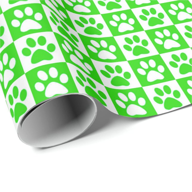 Papier Cadeau Empreintes de patte de chien vert et blanc (Coin rond)