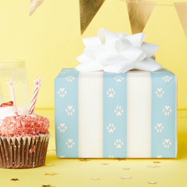 Papier Cadeau Empreintes de pattes de chien Bleu pâle et blanc a (Fête d'anniversaire)