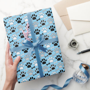 Papier Cadeau Empreintes de pattes de chien et motif d'os Bleu