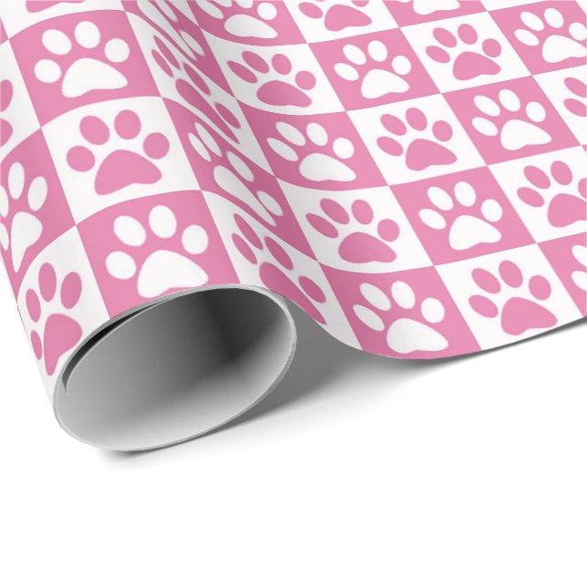 Papier Cadeau Empreintes de pattes de chien rose et blanc (Coin rond)