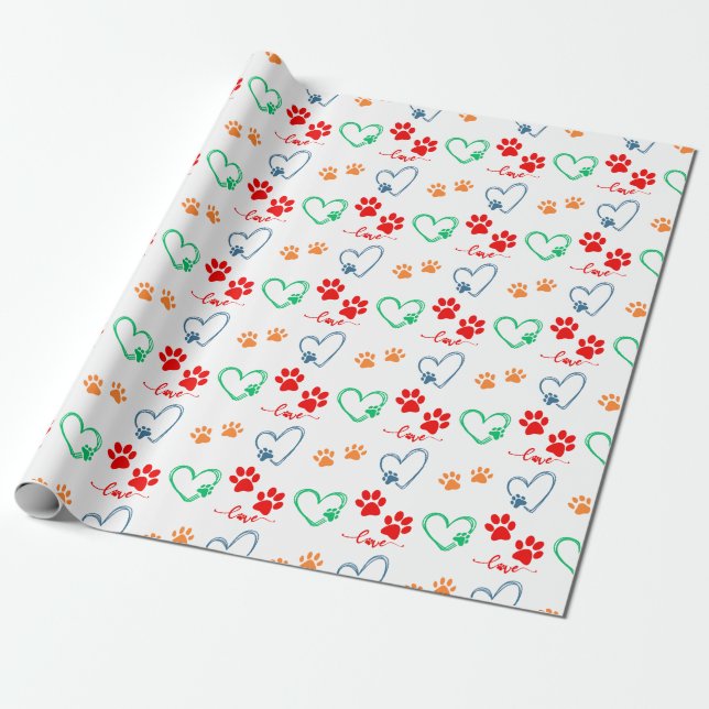 Papier Cadeau Empreintes de pattes de CHIENS mignons et COEURS D (Déroulé)
