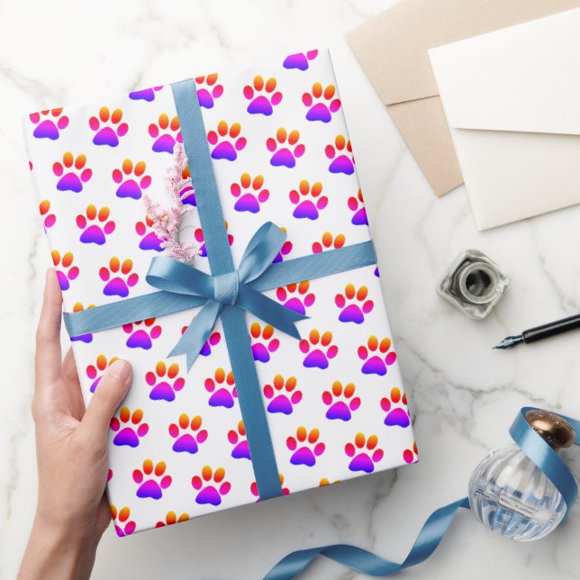 Papier Cadeau Empreintes de pattes de néon sur blanc (Cadeaux)