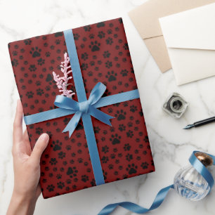 Papier Cadeau Empreintes de pattes noirs sur rouge foncé