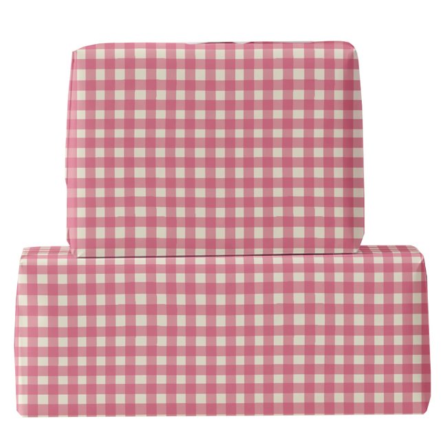 Papier Cadeau en vichy Chèque Cerise Crème Rouge (Pretty cherry pink and cream hand drawn summer gingham check plaid gift wrapping paper roll)