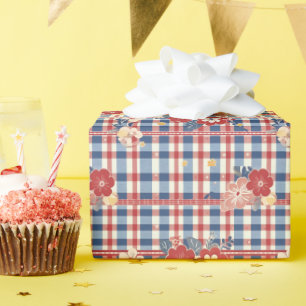 Papier Cadeau En vichy patriotique aux accents floraux Rouge b